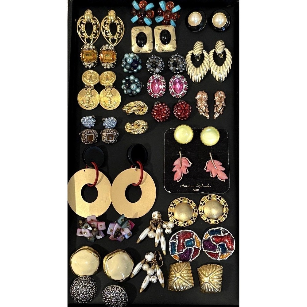 Vintage Clip On Earrings Lot 25 Pairs Rhinestone Faux Pearl Enamel Door Knocker